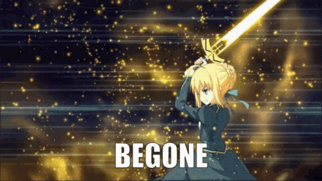 a cartoon of a girl holding a sword with the words begone written below her