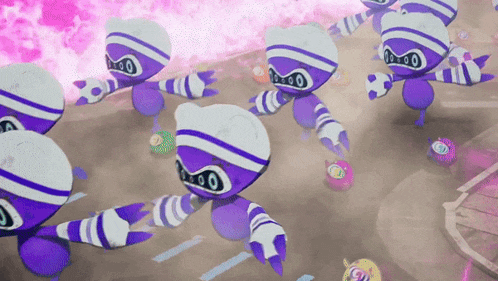 a bunch of purple and white cartoon characters with the number 00 on their faces