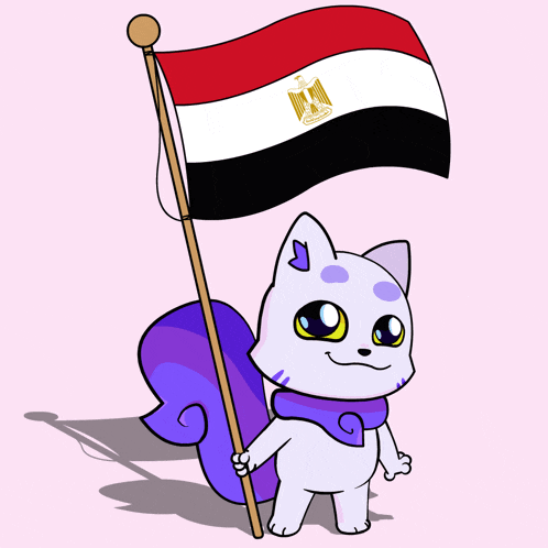 a cartoon cat holding an egyptian flag on a pink background