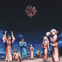 a group of people are standing on a beach watching fireworks