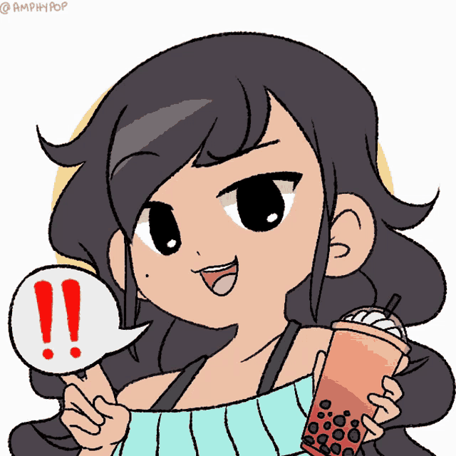 a cartoon drawing of a girl holding a drink with an exclamation point