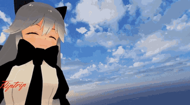 a girl wearing a shirt that says nighttrip stands in front of a cloudy sky