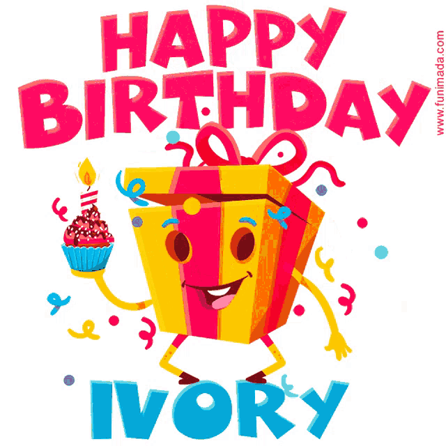 a birthday card for ivory with a gift holding a cupcake and a candle