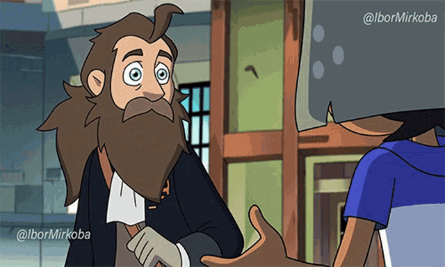 a cartoon of a man with a beard talking to another man with a helmet on