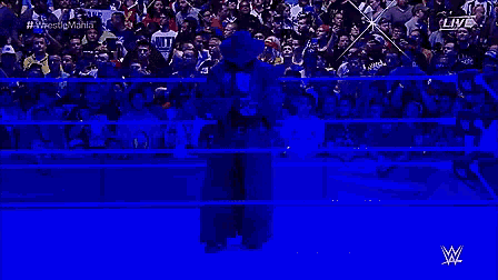 a wrestler is standing in front of a crowd in a blue background