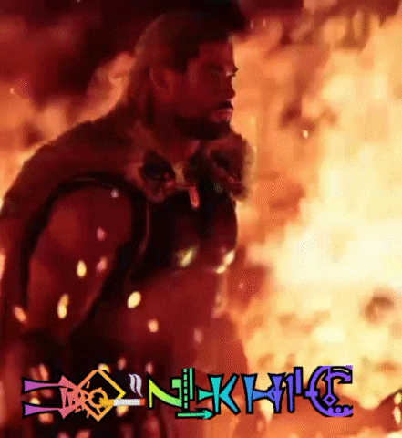 a painting of a man standing in front of a fire with the word eonlkhilc written below him
