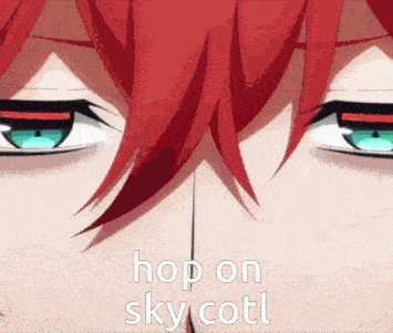 a close up of a person 's eyes with the words hop on sky cotl written above them