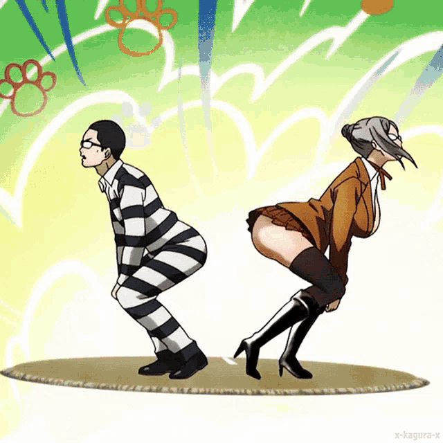 a cartoon of a man and a woman squatting with x-kagura-x in the lower right corner