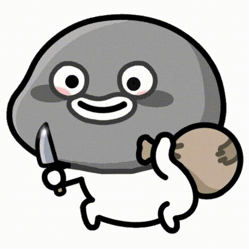 a cartoon character is holding a knife and a bag