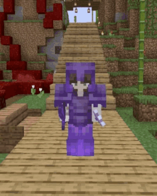 a person in purple armor is standing on a wooden walkway in a minecraft world .
