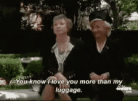 two older women are sitting on a bench and one of them is saying i love you more than my luggage