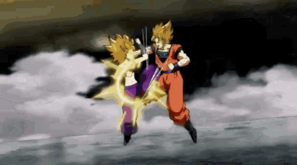 a couple of anime characters are fighting each other in a dark room .