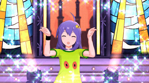 a girl with purple hair and a yellow star on her head is dancing in front of a stained glass window