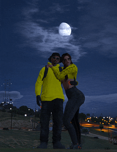 a man and a woman pose for a picture in front of a full moon in a video game