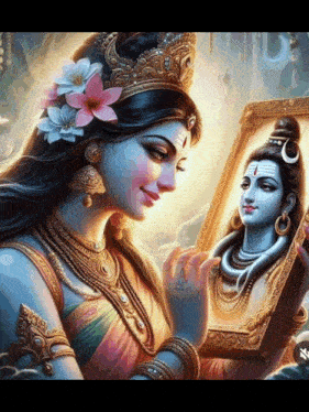 a painting of a woman looking at a picture of a deity