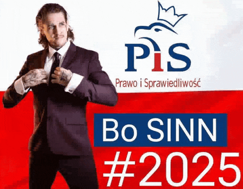 a man in a suit and tie stands in front of a sign that says pis and bo sinn # 2025