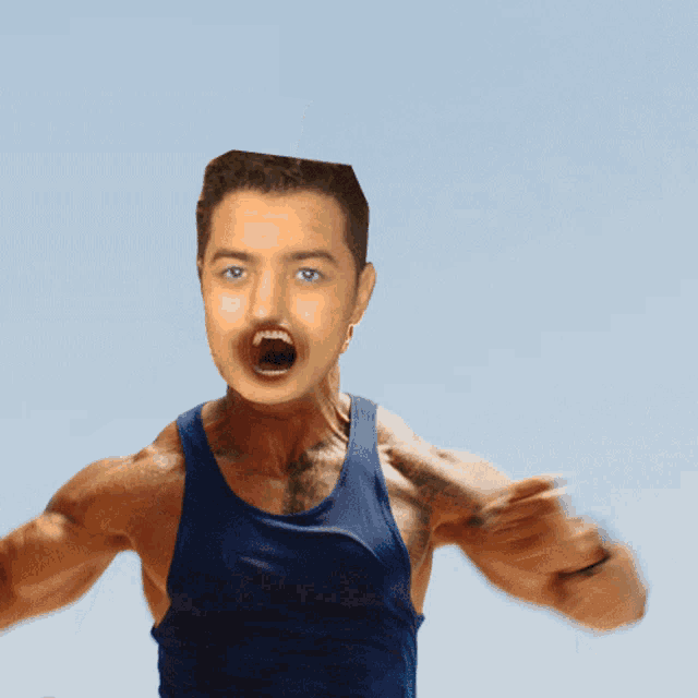 a man wearing a blue tank top has his mouth open