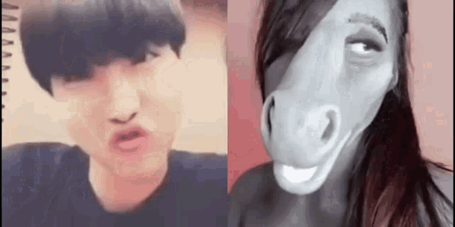 a man and a woman are making funny faces . the man is wearing a horse mask .