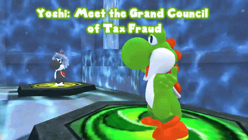 yoshi meets the grand council of tax fraud in the video game