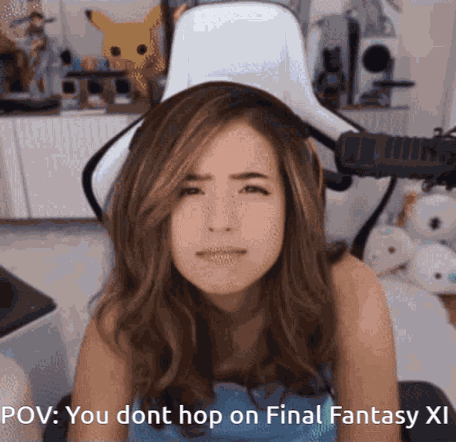 a woman sitting in front of a microphone with the words pov : you dont hop on final fantasy xi on the bottom