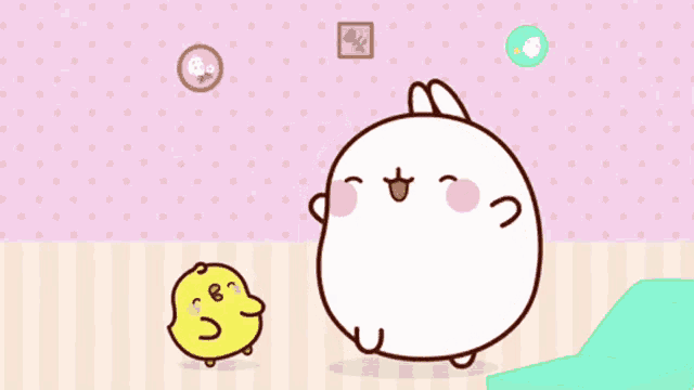 a cartoon of a rabbit and a chick dancing