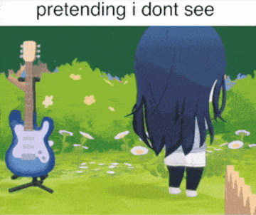 a girl standing next to a guitar with the words pretending i dont see