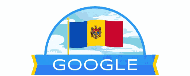 a google logo with a flag and clouds in the background