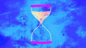 a blue background with a pink hourglass in the center