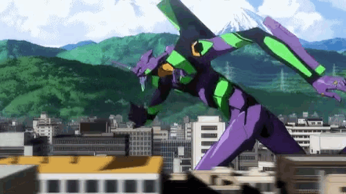 a purple robot with green arms is flying over a city