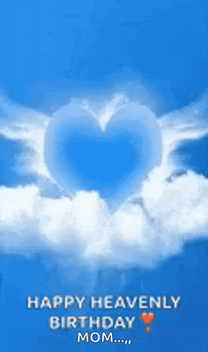 a blue heart shaped cloud in the sky with the words `` happy heavenly birthday mom '' written on it .
