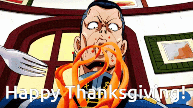 a cartoon of a man eating spaghetti with the words happy thanksgiving in the corner