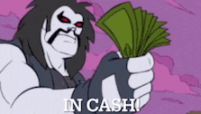 a cartoon character holding a bunch of money with the words in cash written below him