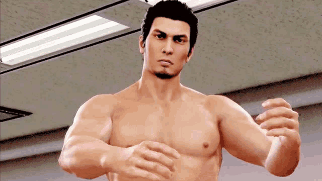 a shirtless man is standing in a room with his arms outstretched .