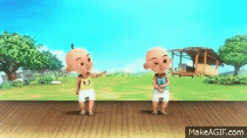 two cartoon characters standing next to each other on a wooden floor