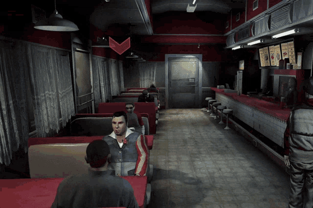 a diner with a red arrow pointing to a menu