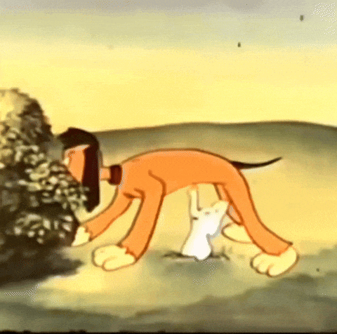 a cartoon dog is sniffing a white rabbit