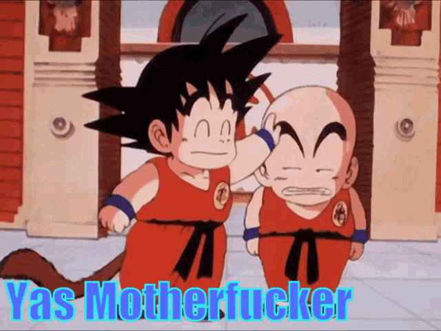 a cartoon of goku and krilin standing next to each other with the words yas motherfucker below them