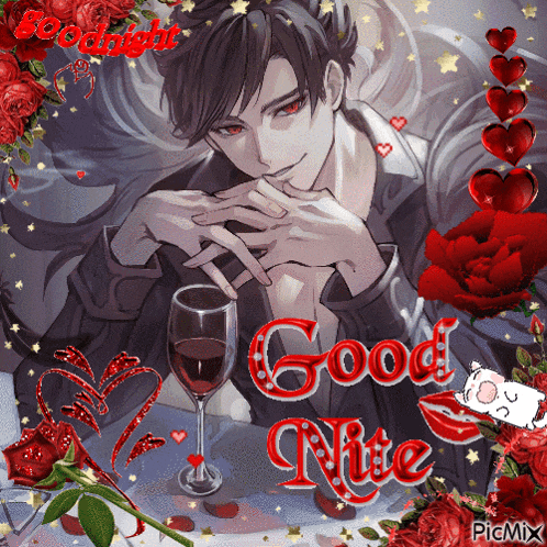 a man sitting at a table with a glass of wine and the words good nite