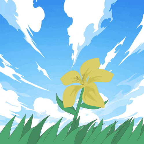 a cartoon drawing of a yellow flower growing in the grass