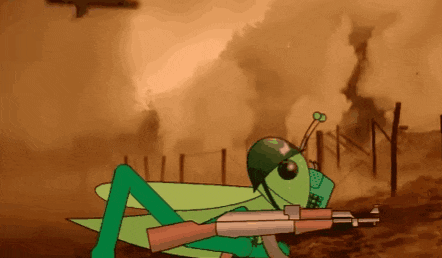 a grasshopper wearing a helmet and holding a rifle