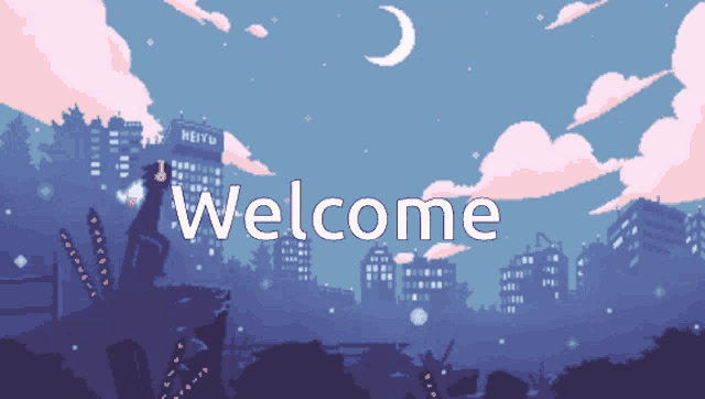 a pixel art illustration of a city with the words welcome in the foreground
