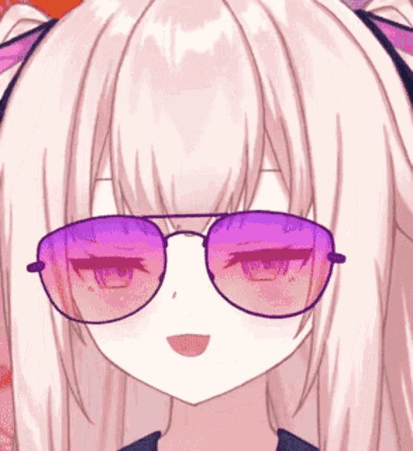 a close up of a girl wearing sunglasses with purple lenses