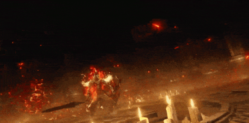 a dark room with candles and a sword in the middle