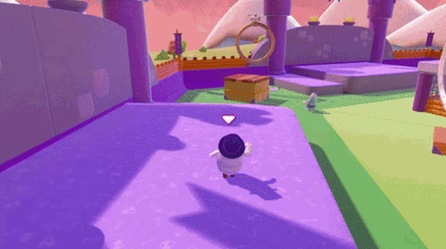 a cartoon character is standing on a purple floor