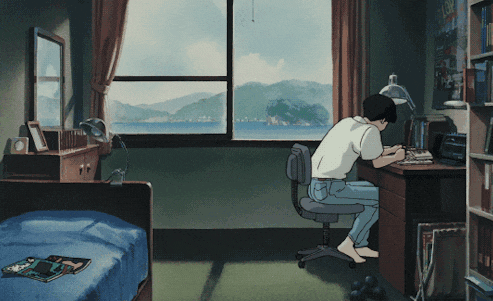 a boy sits at a desk in front of a window with a sign that says ' tokyo '