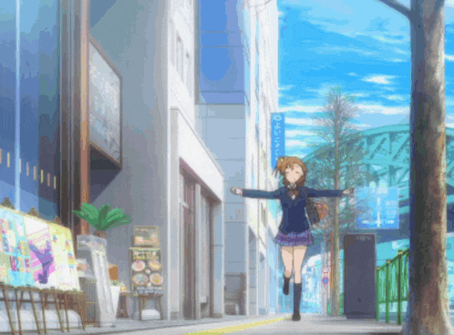 a girl in a school uniform is running down a sidewalk in front of a building with a sign that says ' a '