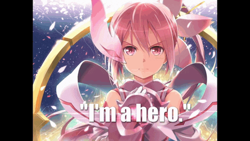 a picture of a girl with pink hair and the words " i 'm a hero "