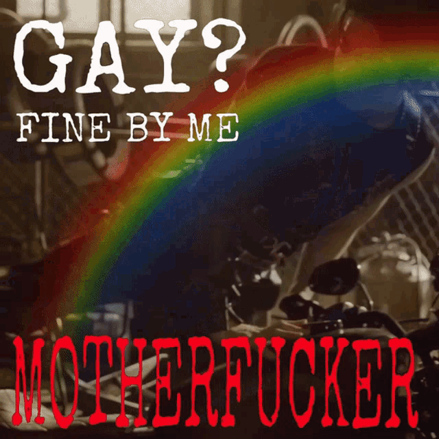 a poster for gay fine by me motherfucker with a rainbow in the background