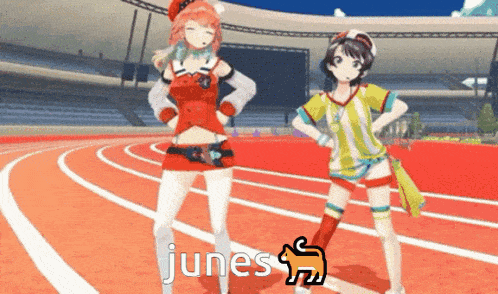 a couple of anime girls standing on a track with the word junes on the bottom