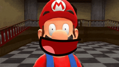 a cartoon character with a red hat and a white m on it